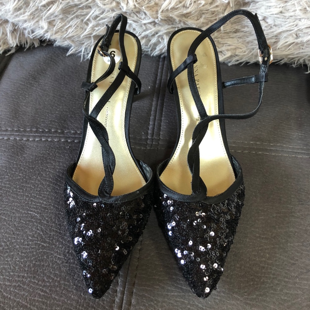 ADRIANNA PAPELL Black Satin Sequin Dress Heels S9